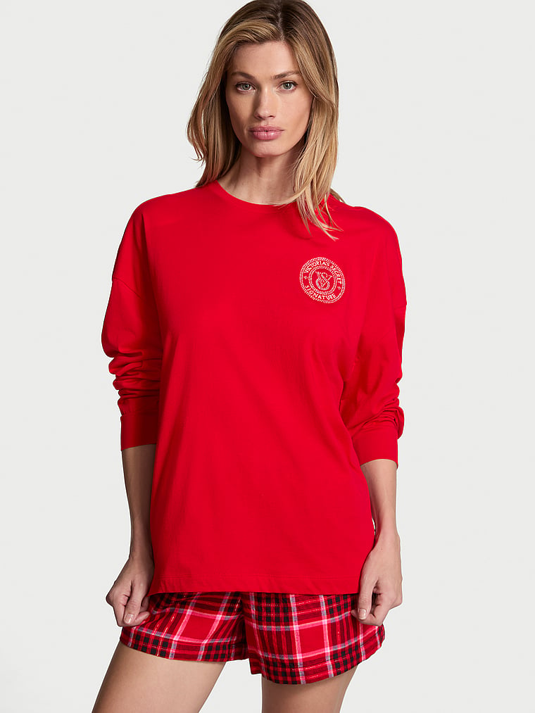 Victoria's Secret Flannel Long-Sleeve Short Tee-Jama Set