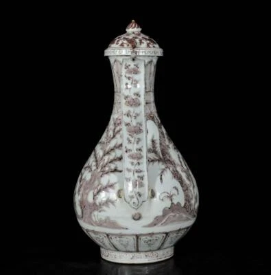 38CM Old Chinese Underglaze Red Teapot W/bamboo N3116