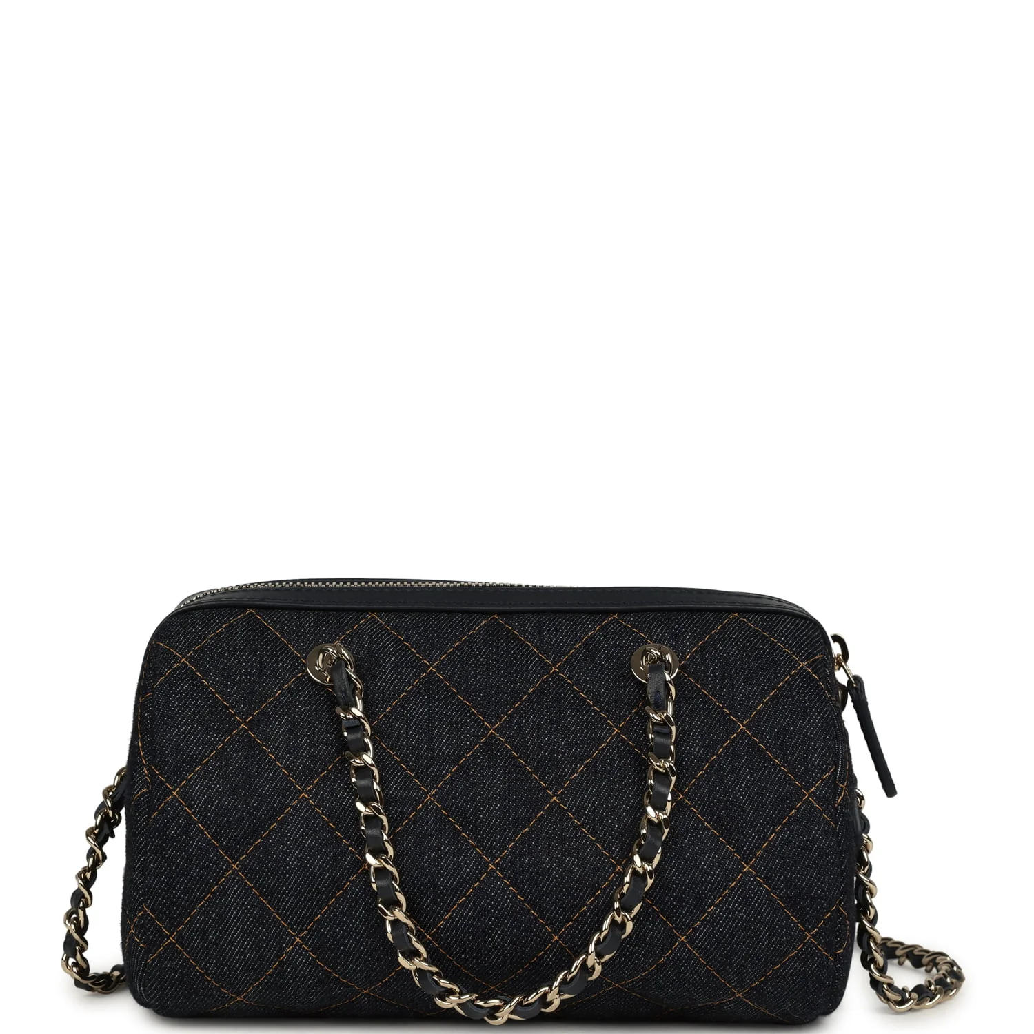 Chanel Mini Timeless Classic Barrel Bag with Chain Dark Blue Denim Light Gold Hardware