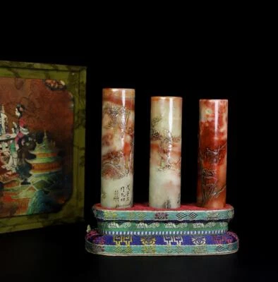 701G Three Old Chinese Shoushan Stone Seal Stamp Statue w/figure N984