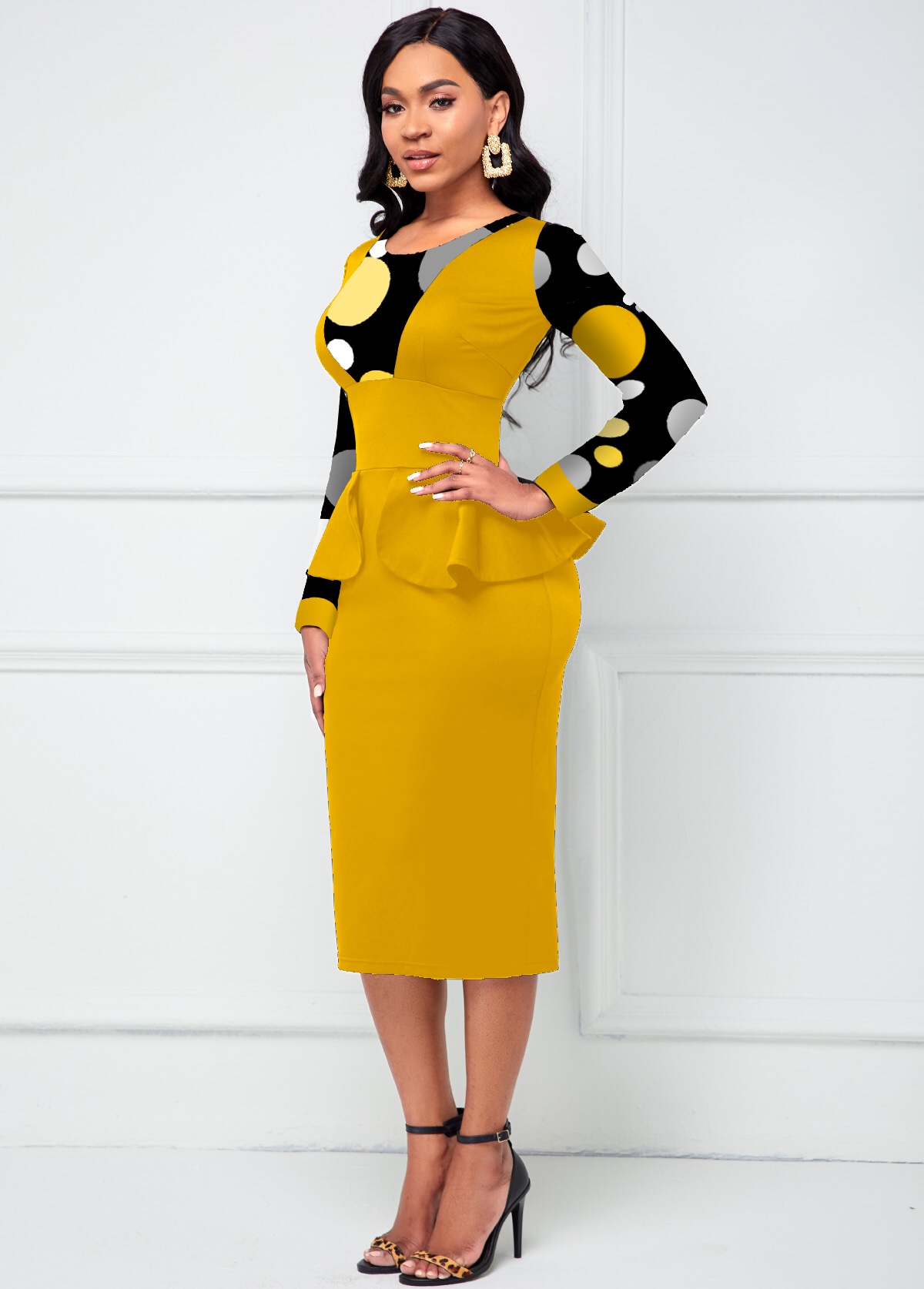 Peplum Waist Round Neck Polka Dot Dress