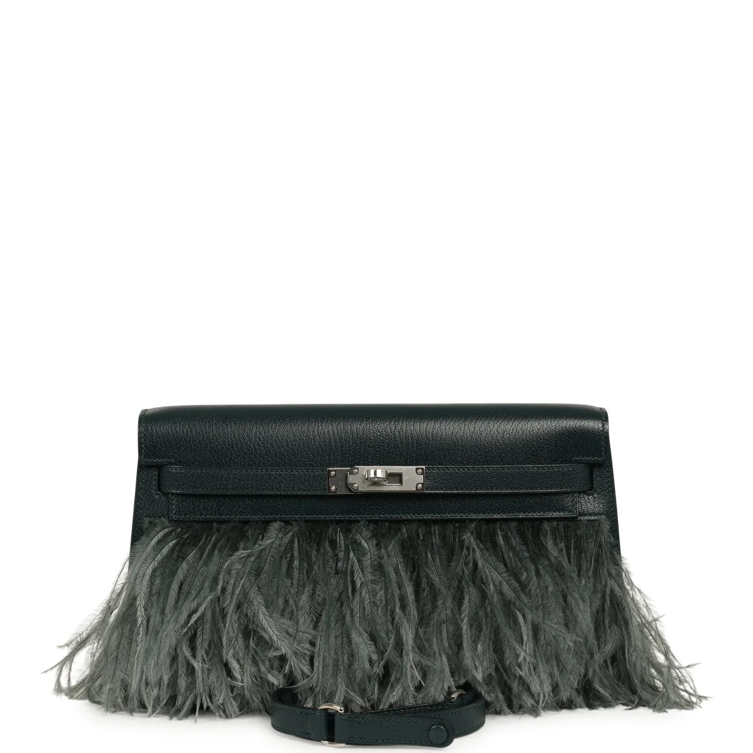 HERMÈS Kelly Elan Foile Vert Cypress Chevre Chamkila And Ostrich Feathers Palladium Hardware