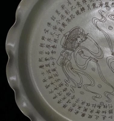 42CM Old Chinese Ru Kiln Dish w/lady N884