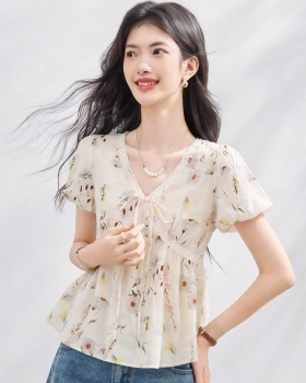Summer floral doll shirt V-neck short tops for women