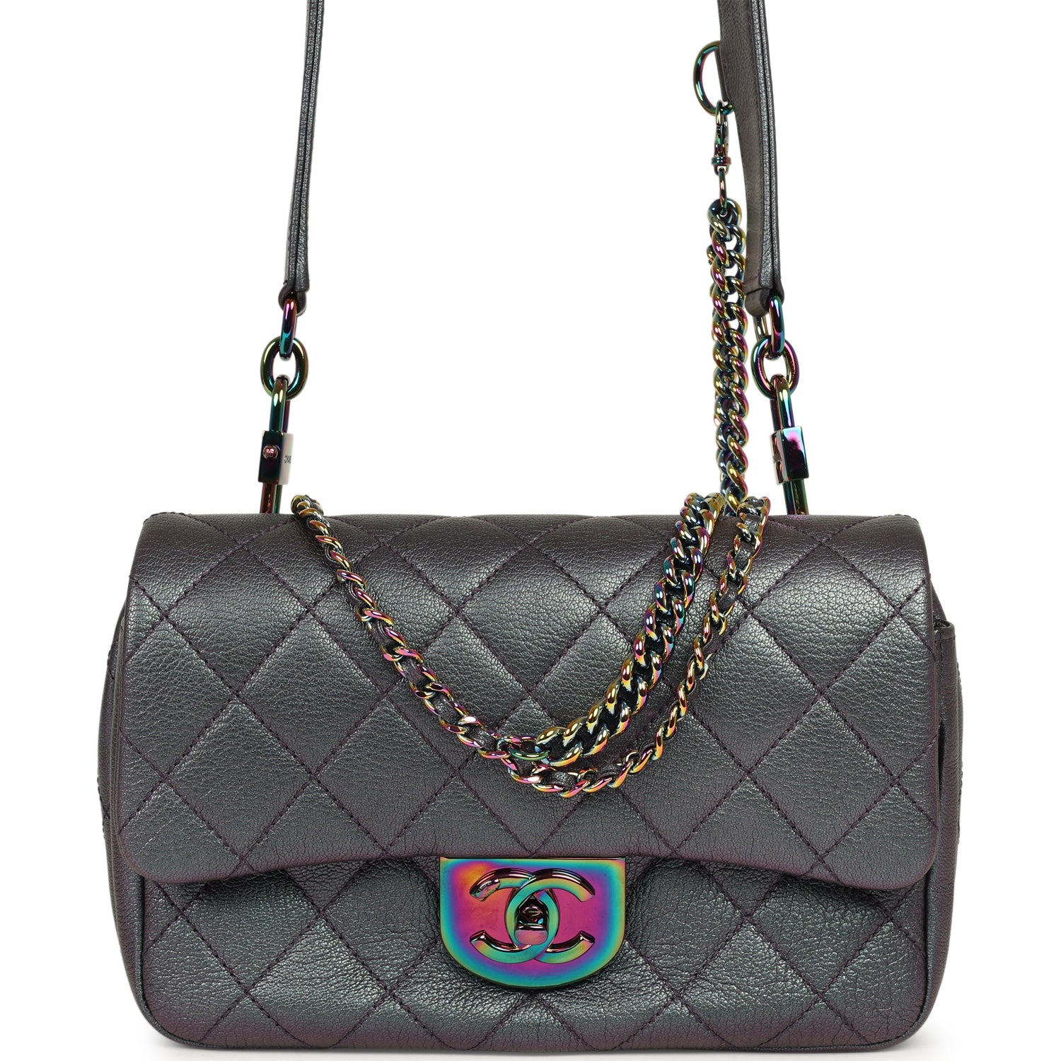 CHANEL Small Double Carry Waist Chain Flap Bag Purple Iridescent Goatskin Rainbow Hardware