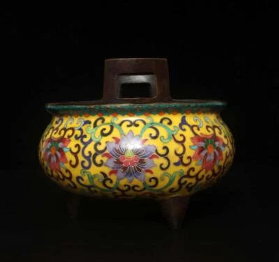 Qianlong Signed Old Chinese Bronze Cloisonne Enamel Incense Burner w/flowers