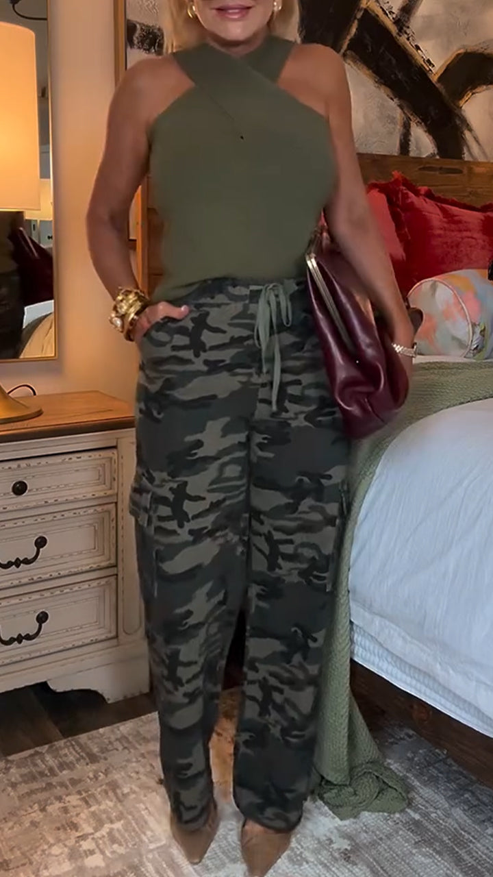 Ladies Round Neck Cross Top+ Camouflage Pants Casual Set