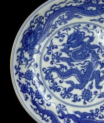 Yongzheng Signed Old Chinese Blue&White Dish W/dragon N946