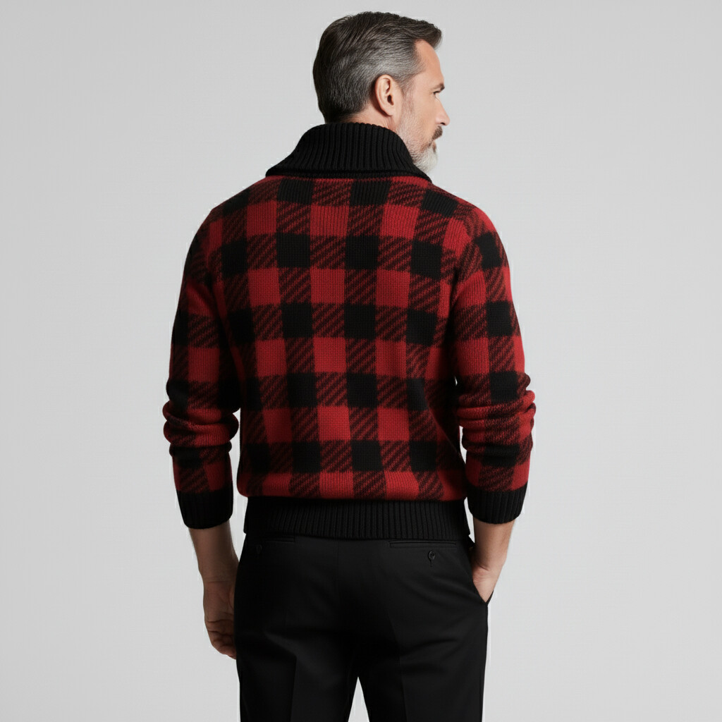 Men's Red Plaid Print Shawl Collar Long Sleeve Knit Sweater
