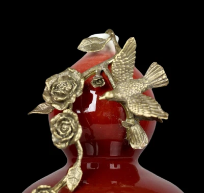 42CM Qianlong Signed Old Chinese Langhong Red Glaze Vase w/bird N4017