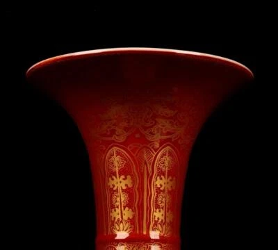 Qianlong Signed Pair Old Chinese Red Glaze Gilding Vase W/flower N1486