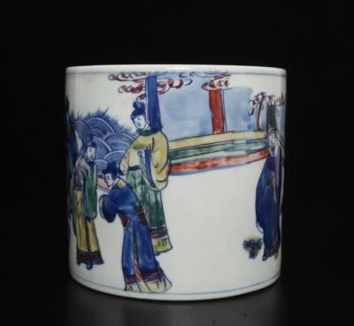 Kangxi Signed Old Chinese Blue & White Porcelain Brush Pot w/figures