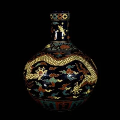 43CM Xuande Singed Old Chinese Five Color Vase W/dragon N3389