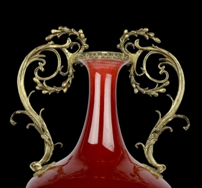 49CM Qianlong Signed Old Chinese Langhong Red Glaze Vase w/ear N3999