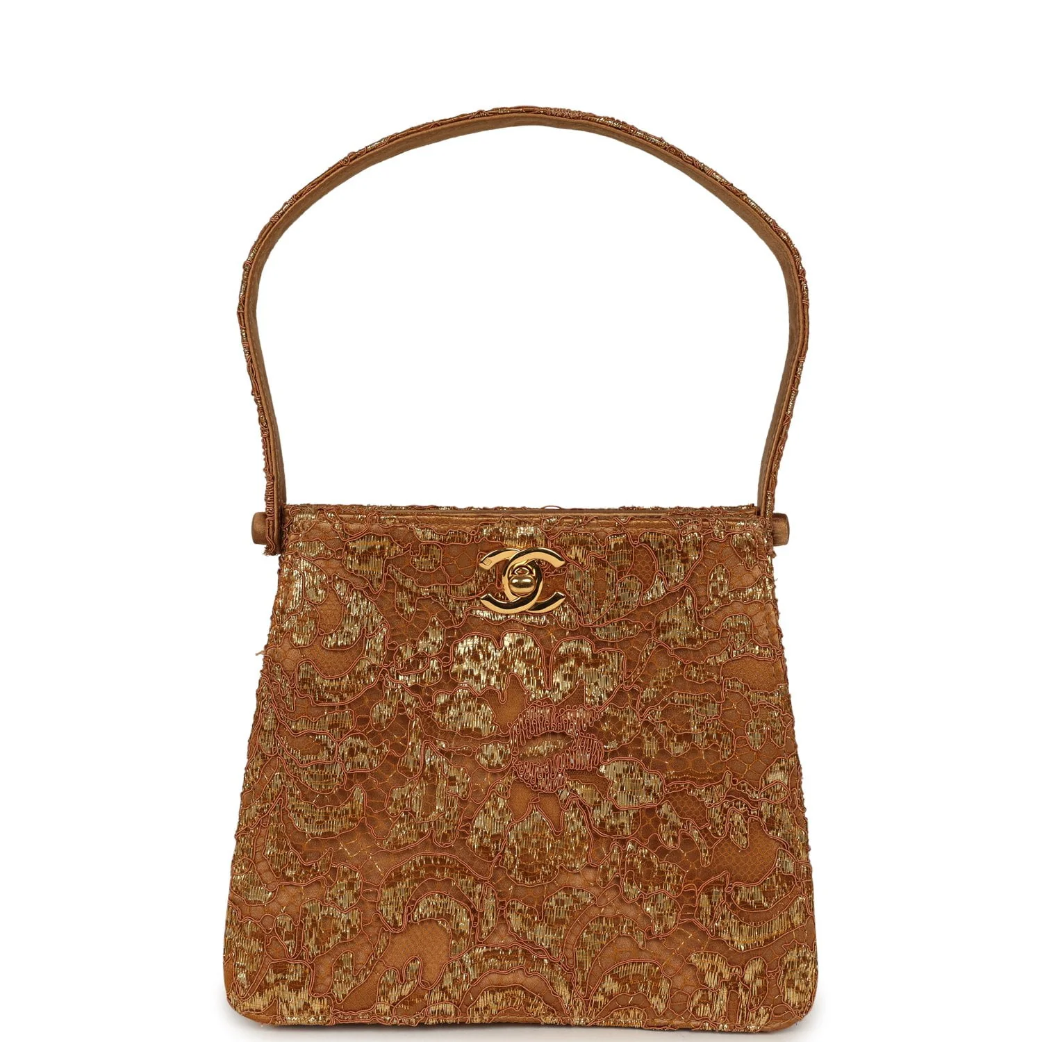 Vintage Chanel Mini Double Side Turnlock Bag Dark Gold Jacquard Lace, Satin Gold Hardware