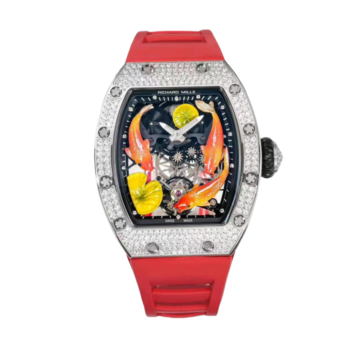 【7A Quality】Super Clone Replica RICHARD MILLE RM S10 Koi Fish Tourbillon Watch Diamond Case Red Strap Swiss Quality