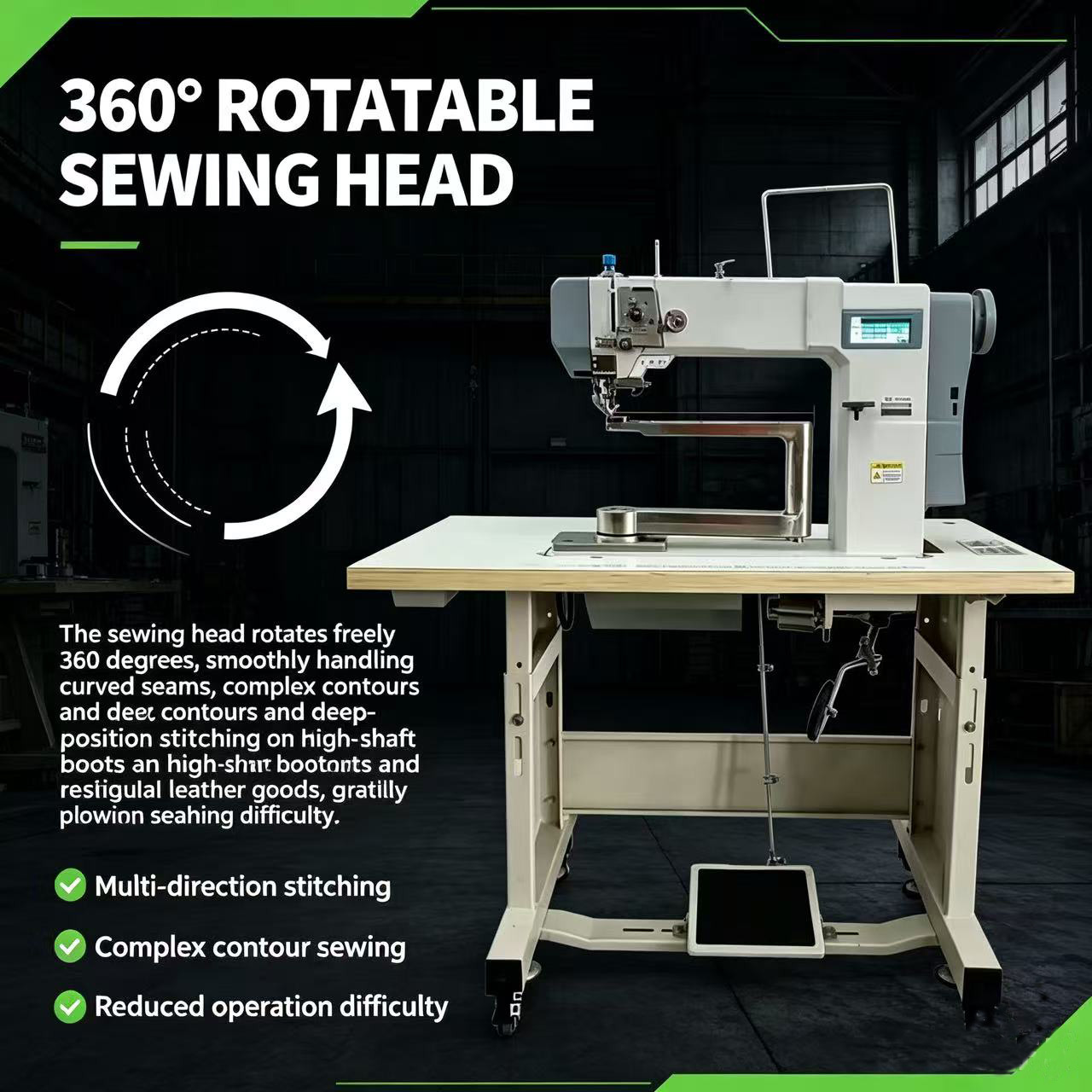 360 Degree Rotating Post Bed Industrial Sewing Machine | 390mm Large Throat For Heavy‑Duty Leather Shoe Bag