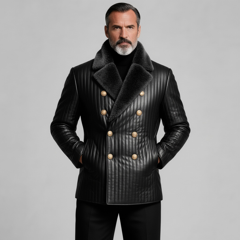 Men's Black Furry Collar Long Sleeve Double Breasted Pocket Vertical Quilted PU Leather Jacket