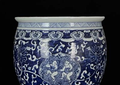 36CM Old Chinese Blue and White Dish Jar Pot W/ kid N865