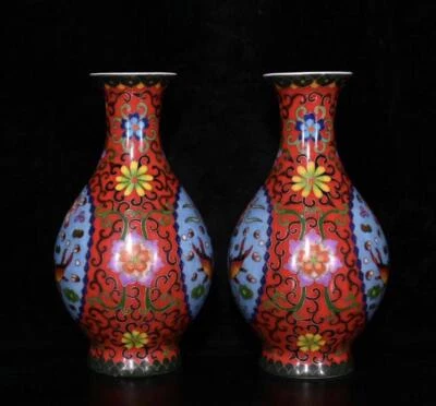 Chenghua Signed Pair Old Chinese Cloisonne Enamel Vase w/fish N334