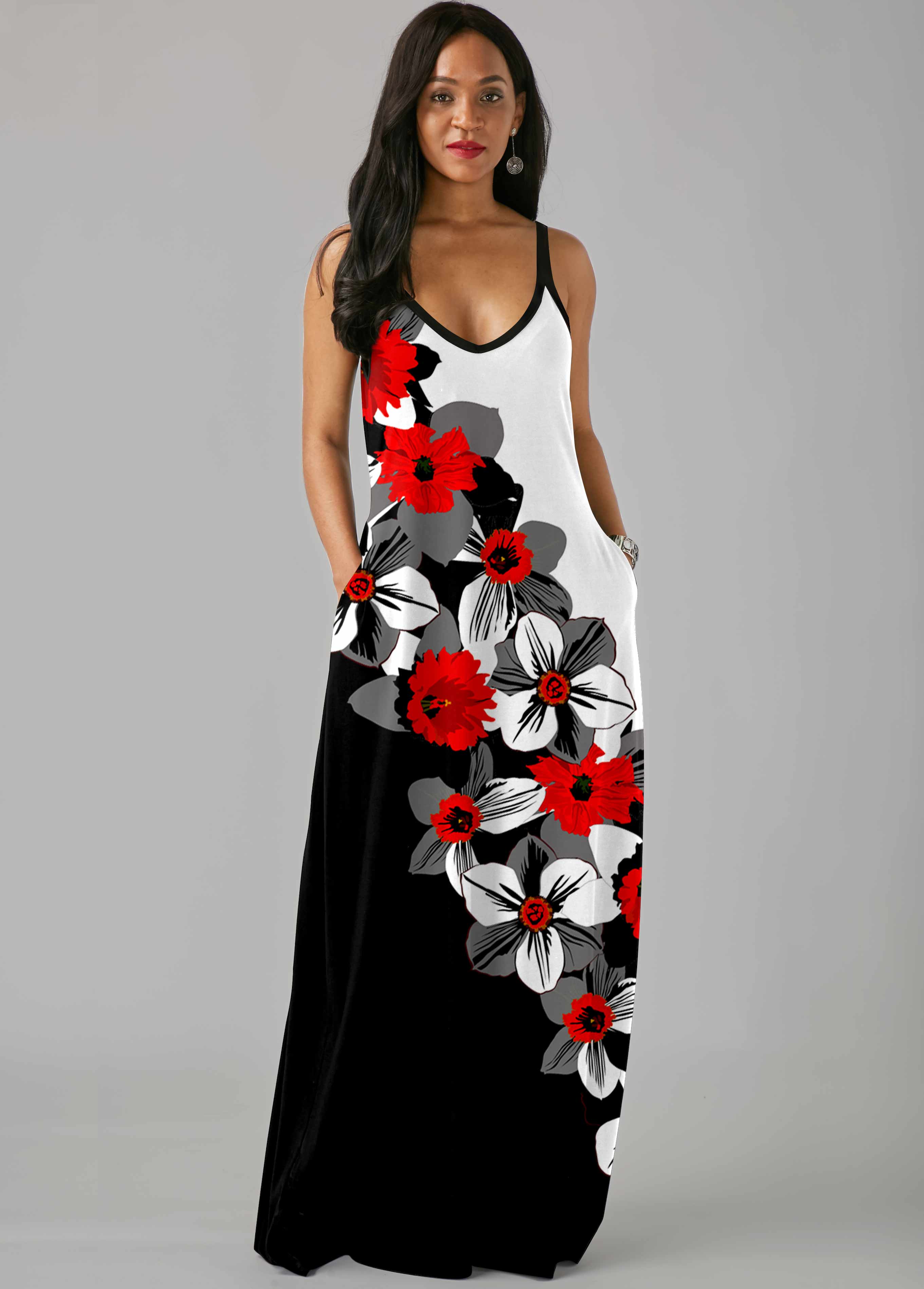 Floral Print Side Pocket Color Block Maxi Dress