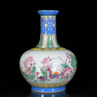 Yongzheng Signed Pair Old Chinese Colour Enamel Vase W/duck N3712