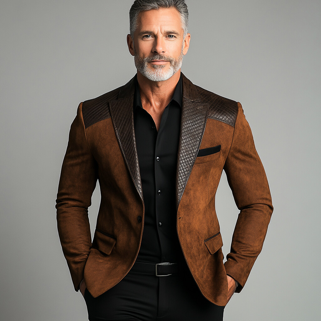 Men's Business Suede Splicing PU Leather Lapel Collar One Button Blazer