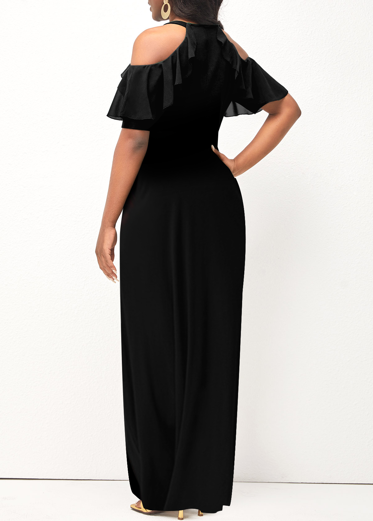 Double Side Pockets Black Cold Shoulder Maxi Dress
