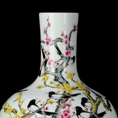 33CM Qianlong Signed Old Chinese Famille Rose Vase W/bird N1172