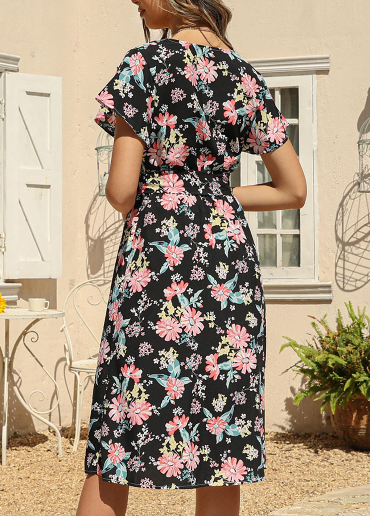 Black Belted Floral Print Cross Front Dress