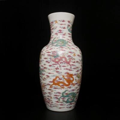 43CM Kangxi Signed Old Chinese Five Colors Vase W/dragon
