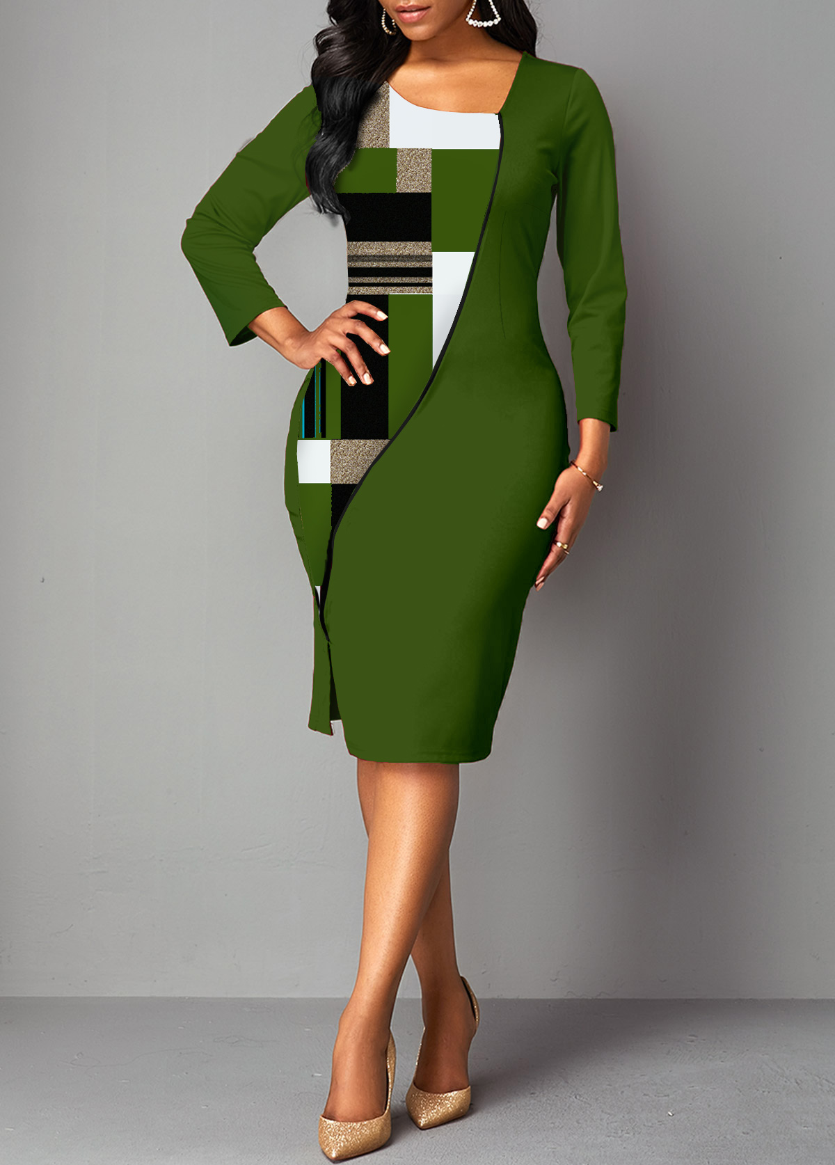 Geometric Print 3/4 Sleeve Sheath Dress