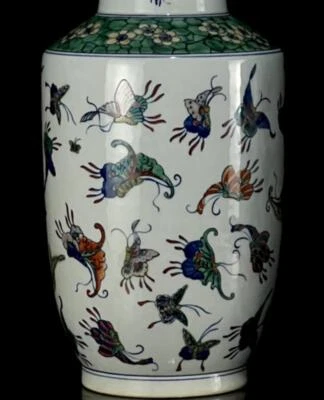 38CM Kangxi Signed Old Chinese Wucai Vase W/butterfly N1196