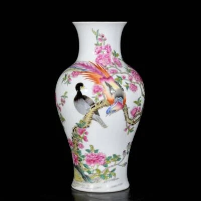 Yongzheng Signed Pair Old Chinese Colour Enamel Vase W/bird N3730
