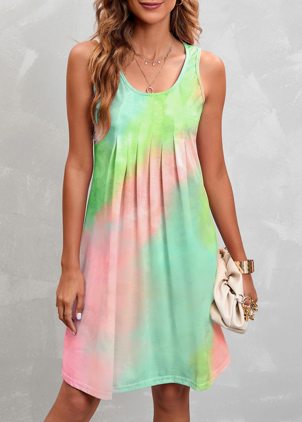 Sleeveless Round Neck Pleated Design Dress