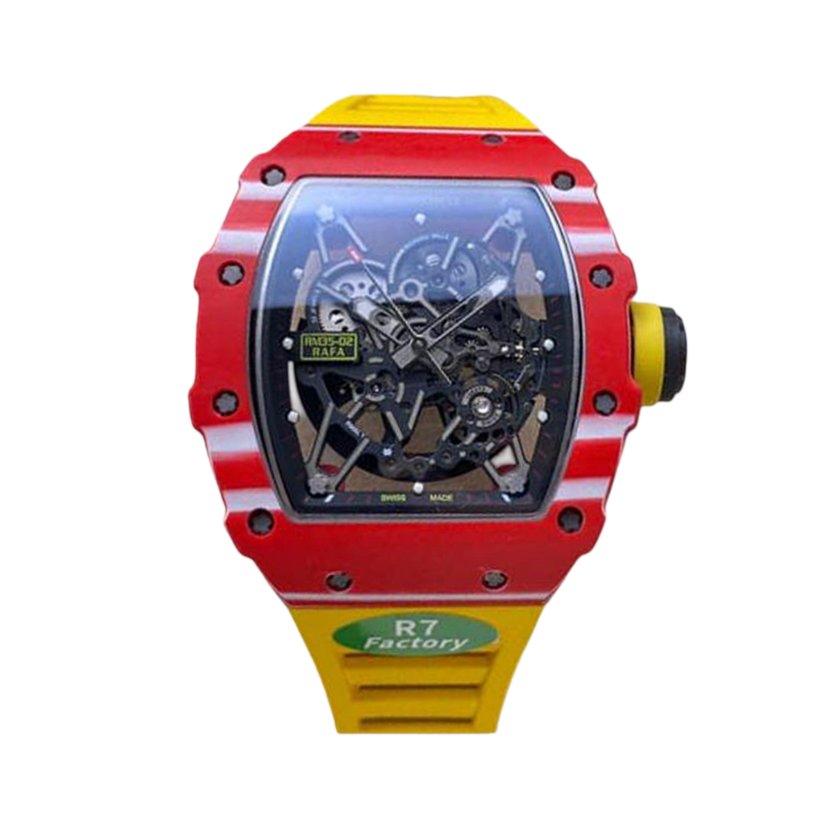 【7A Quality】Best Richard Mille RM35-02 Replica – Red Carbon Case, Yellow Strap, Skeleton Dial