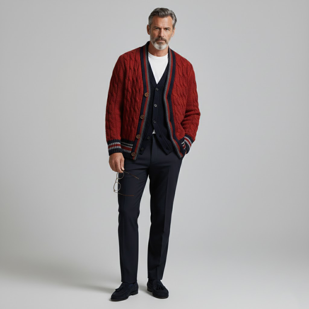 Men's Red Contrast Stripe Trim Cable Knit V Neck Long Sleeve Button Sweater Cardigan