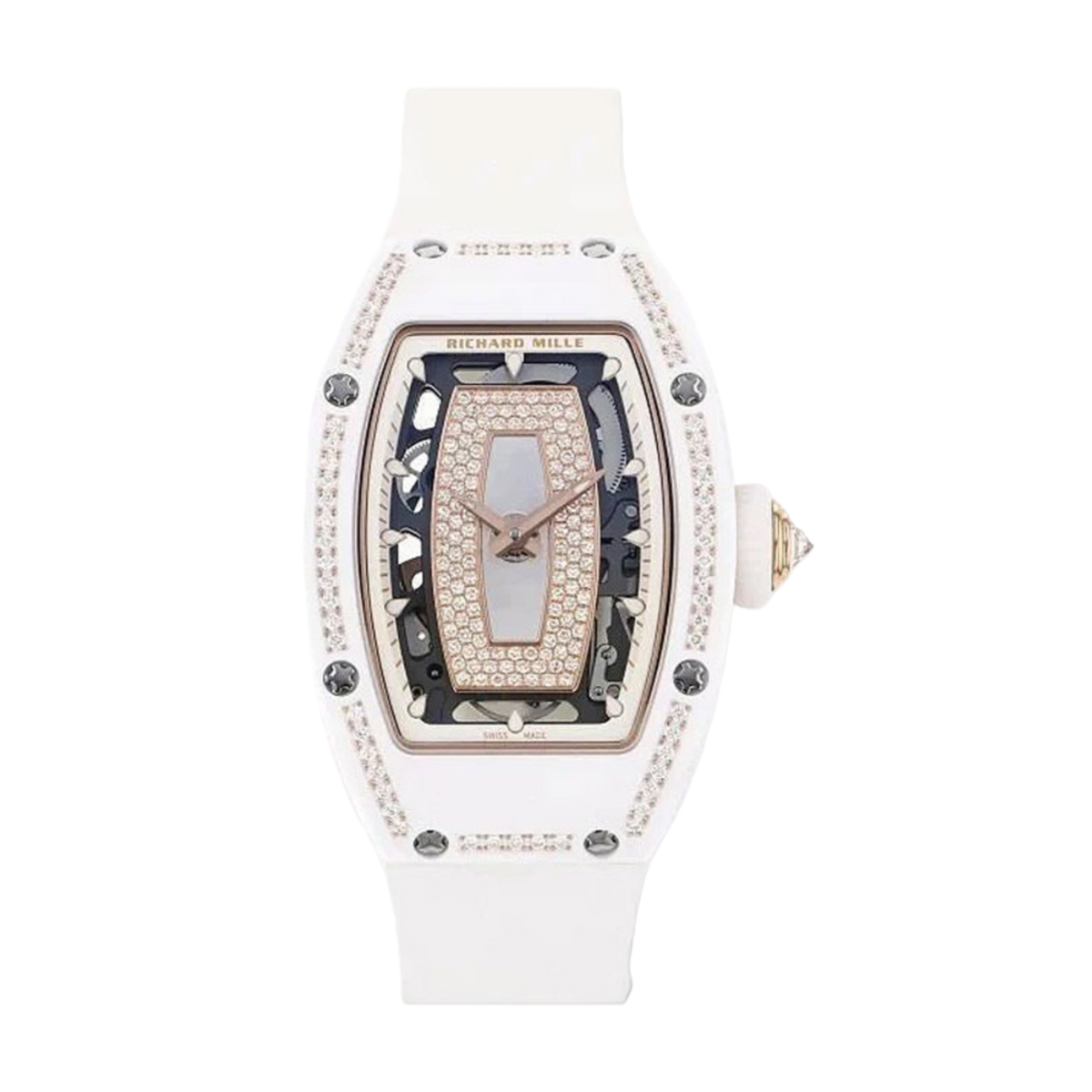 【7A Quality】Elegant Swiss Richard Mille RM 07-01 Replica White Ceramic & Rose Gold Diamond Dial Watch – Luxury Style For Women