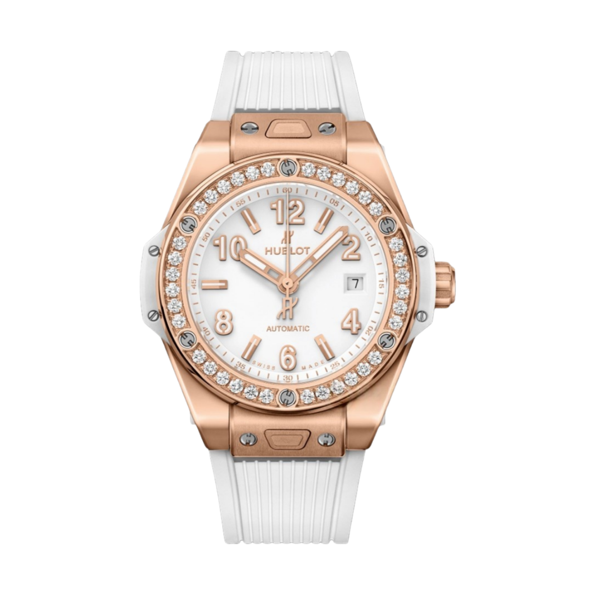 Hublot Big Bang One Click 33mm 485.OE.2080.RW.1204 King Gold Diamond Bezel White Rubber Strap Ladies Watch