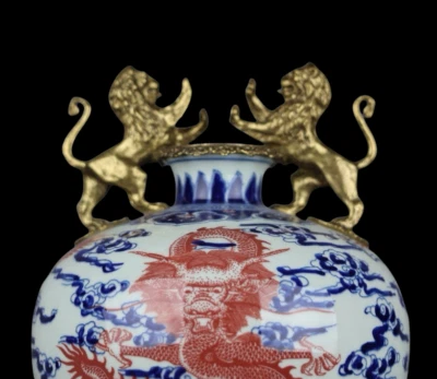 46CM Qianlong Signed Old Chinese Blue&White Underglaze Red Vase w/dragon N3927