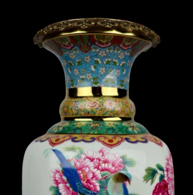 40CM Qianlong Signed Old Chinese Famille Rose Vase w/bird N3983