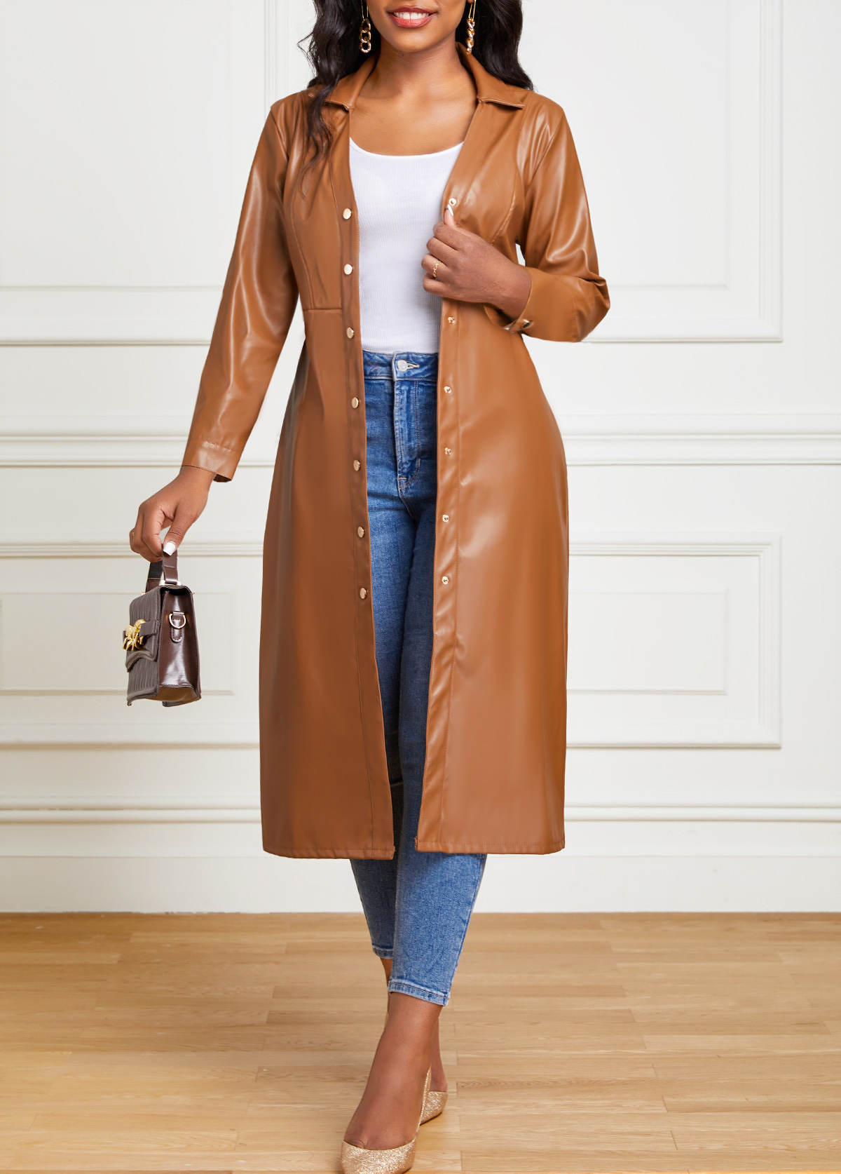 Belted Faux Leather Snap Button Dress