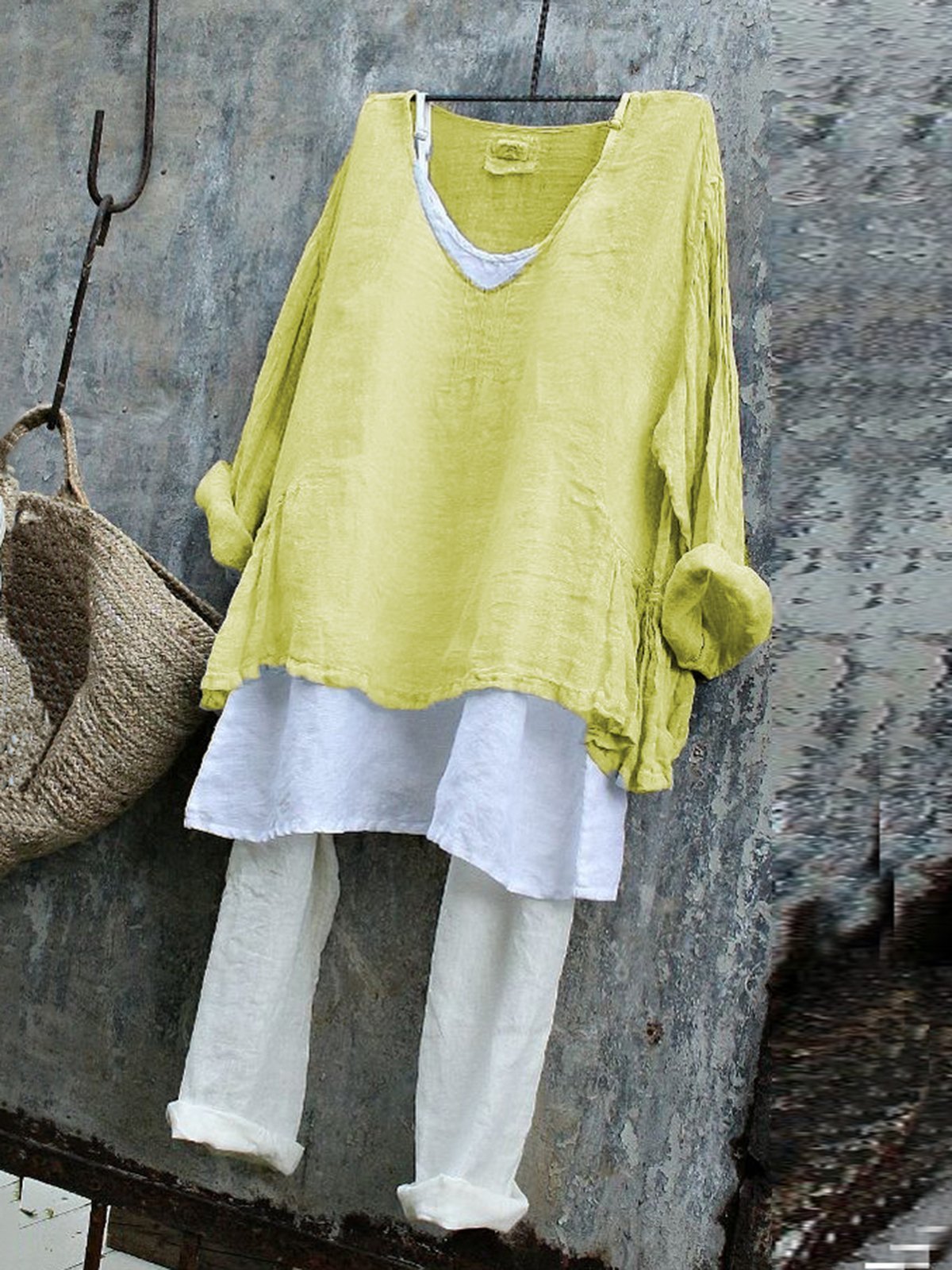 Casual Long Sleeve V Neck Plain Shirts & Tops