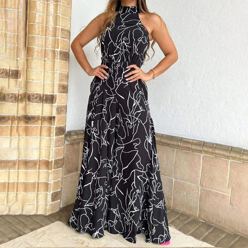 Ladies Elegant Waist Tie Sleeveless Halter Print Jumpsuit