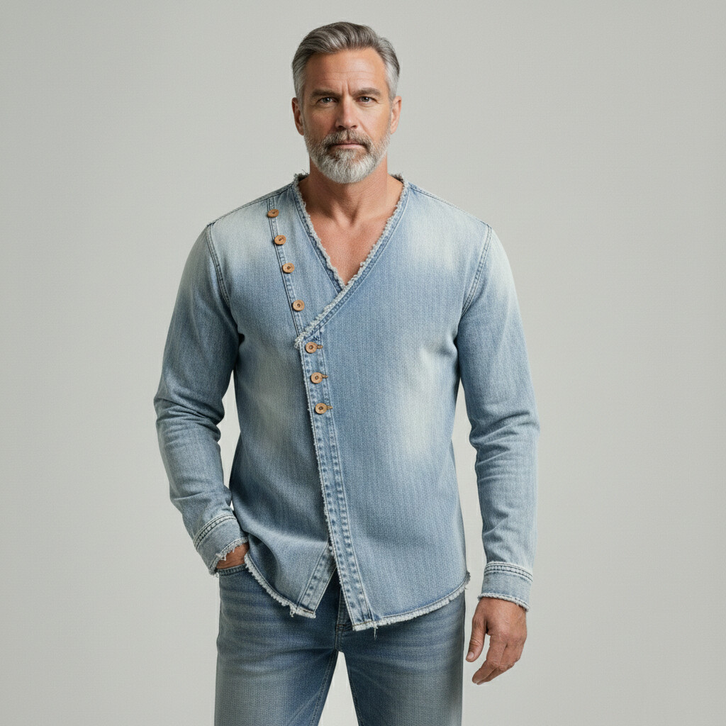 Men's Casual Washed Denim Raw Trim V Neck Asymmetrical Single Breasted Long Sleeve Shirt