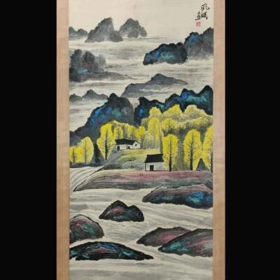 Lin Fengmian Signed Chinese Hand Painted Calligraphy Scroll w/landscape N1861
