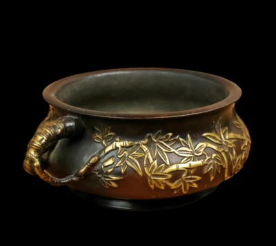 Xuande Signed Old Chinese Red Copper Handmade Incense Burner w/bamboo N3801