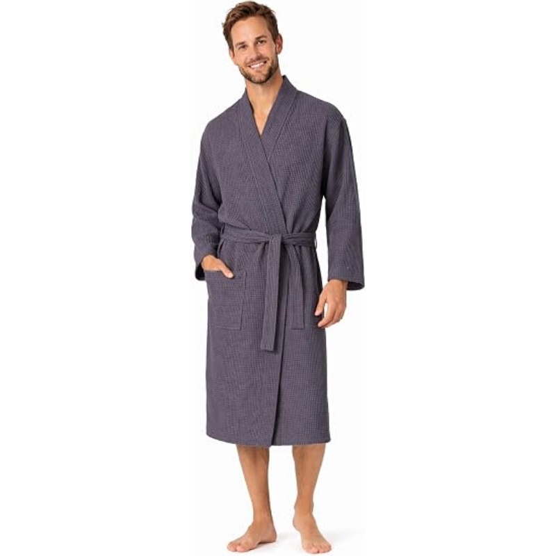 Turkish Linen Men's Waffle Bathrobe Lightweight Kimono Spa Robe