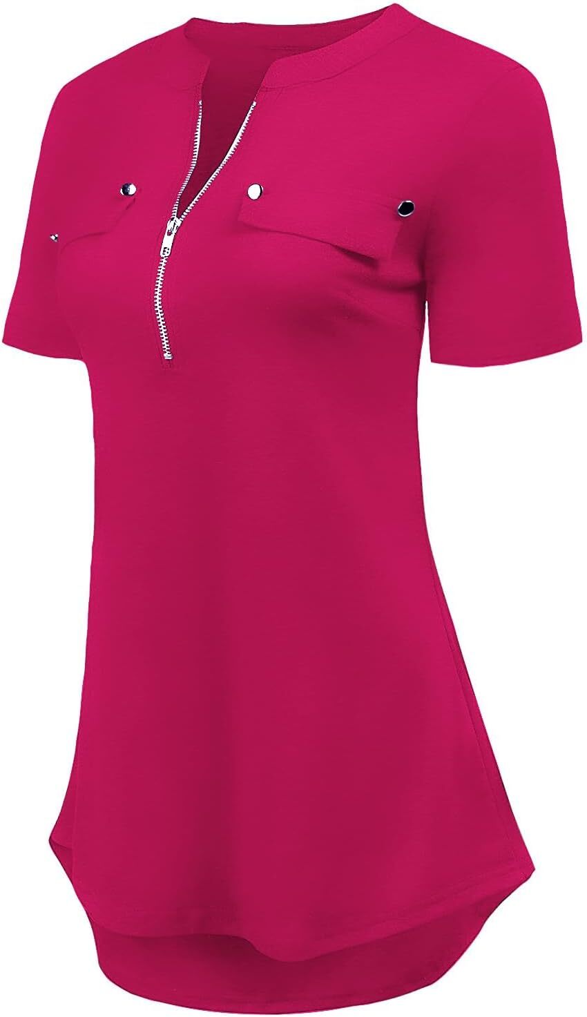 Damen Kurzarm Zip Quaste Long Shirt Business Casual Arbeit Büro Shirt