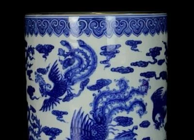 Yongzheng Signed Old Chinese Blue and White Brush Pot W/ phoenix N702